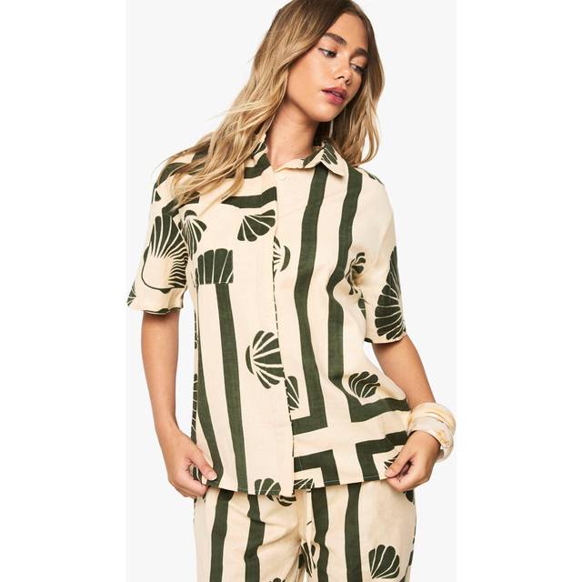 Womens Shell Print Linen Resort Shirt - Cream - 12, Cream