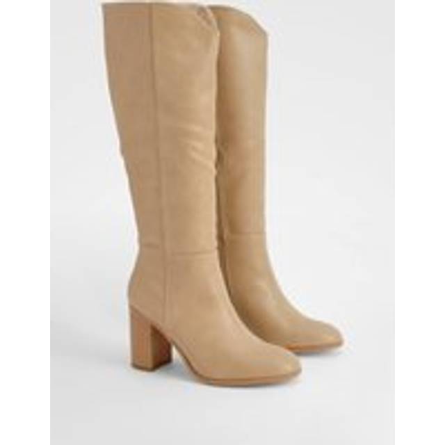 Womens Wooden Stack Heel Detail Knee High Boots - Beige - 8, Beige