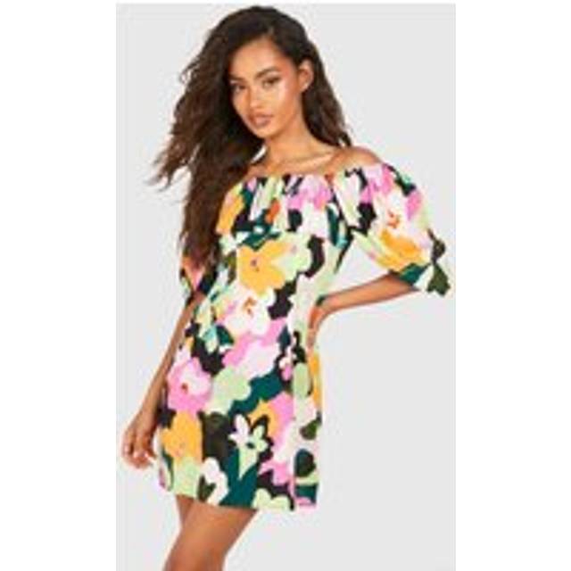 Womens Bright Floral Puff Sleeve Smock Dress - Multi - 10, Multi