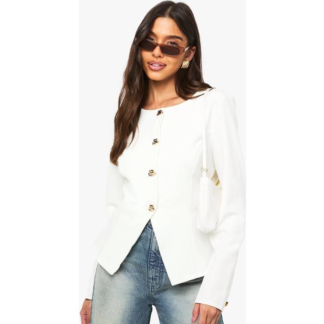 Womens Gold Trim Collarless Blazer - Cream - 10, Cream