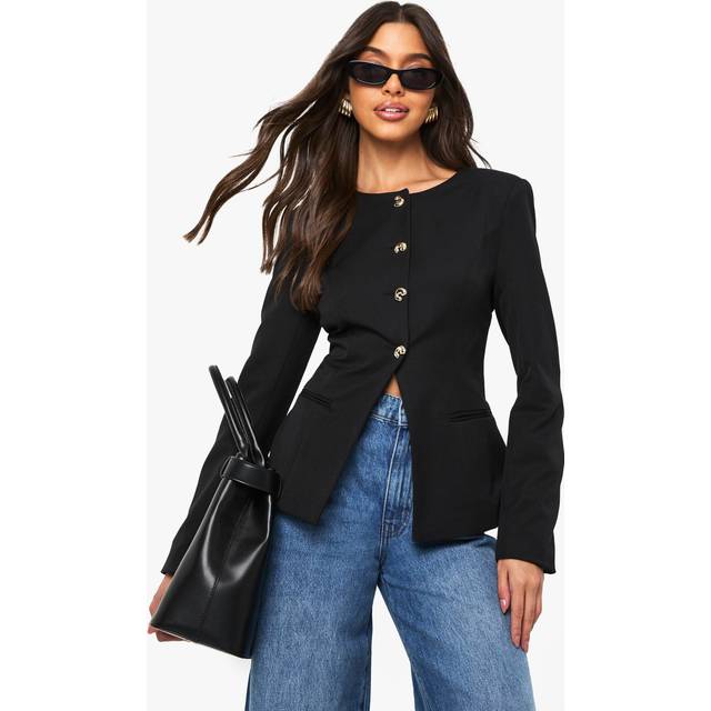 Womens Gold Trim Collarless Tailored Blazer - Black - 16, Black