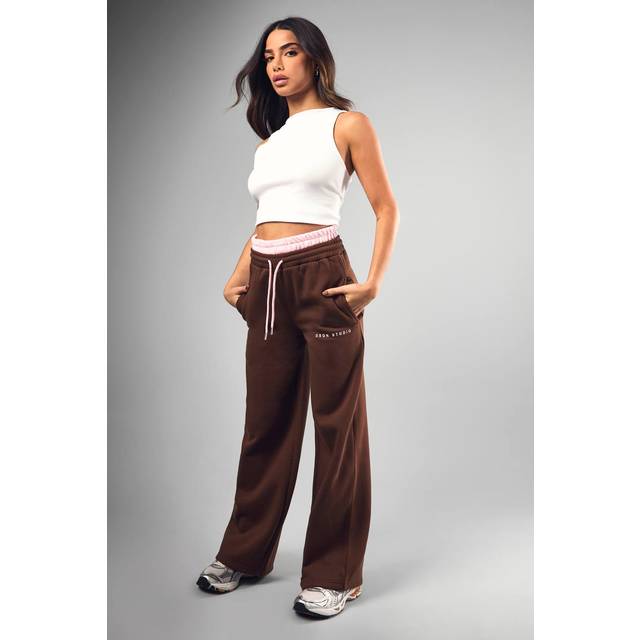Womens Petite Contrast Waist Wide Leg Jogger - Brown - S, Brown