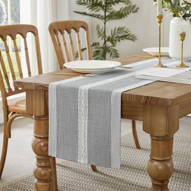 Embroidery Cotton Linen Table Runner Indoor Outdoor Farmhouse Style - Grey