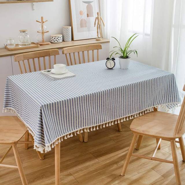 Stripe Tassel Cotton Linen Rectangle Table Cloth - Blue