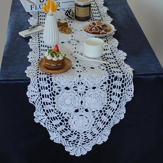 Handmade Crochet Cotton Lace Table Runner Tablecloth - White (15cm D X 43cm L)