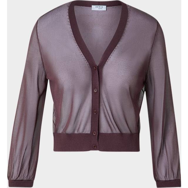 V-Neck Sheer Viscose Knit Crop Cardigan - BLACKBERRY - 14