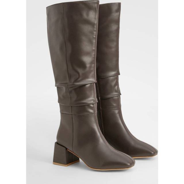 Womens Wide Fit Ruched Block Knee High Boots - Brown - 8, Brown