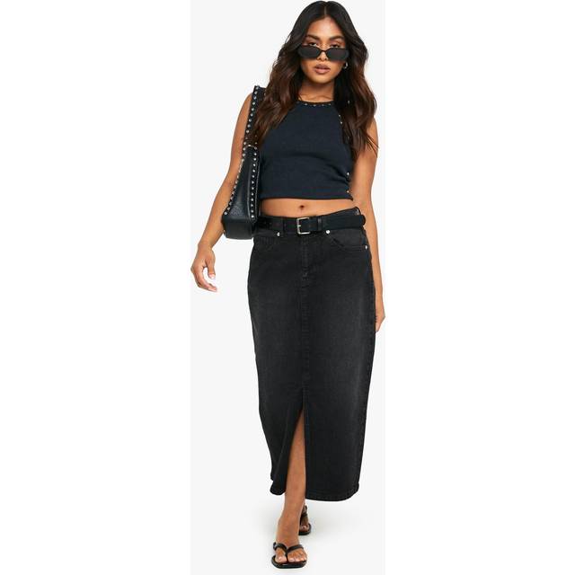 Womens Petite Denim Midaxi Skirt - Black - 6, Black