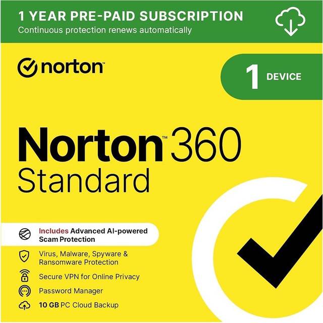 Norton 360 standard antivirus 2025 1 pc device 1 year vpn (email)
