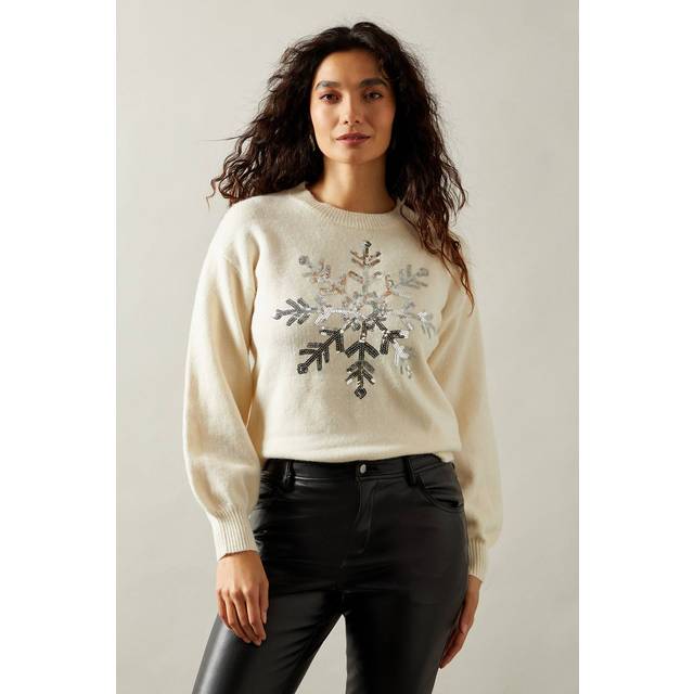 Womens Sequin Festive Snowflake Jumper - Ivory - M
