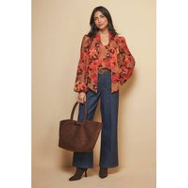 Womens Floral Tie Neck Blouse - Ochre - 10