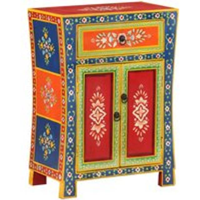 Hand Painted Sideboard 54x30x74 cm Solid Wood Mango - Black - One Size