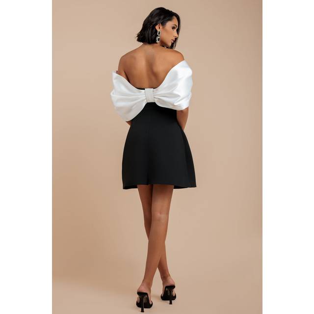 Contrast Off Shoulder Back Satin Bow Scuba Mini Dress - Black Cream by Goddiva - 10