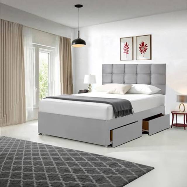 "5FT King Size Grey Linen Look Divan Bed with mattress 10"", Free Matching Colour Headboard 20"" and 2 Storage Drawers, (5FT King Size, 2 Storage"