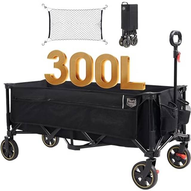 TIMBER RIDGE Extended Festival Trolley with Brakes & Cargo Net, 300L Large Collapsible Folding Wagon with Adjustable Handle & Cup Holder, 160kg Heavy