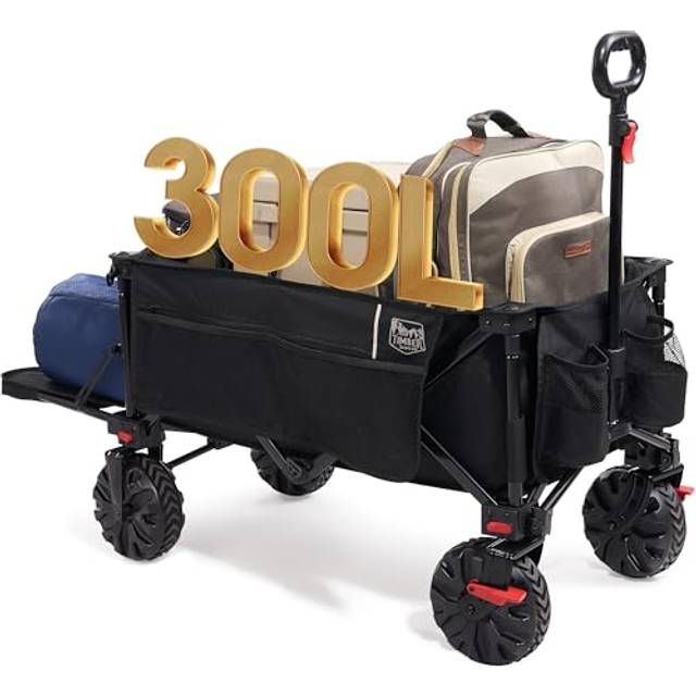 TIMBER RIDGE Festival Trolley 300L with Brakes, Folding Beach Trolley Cart with Tailgate, 135kg Collapsible Wagon Detachable Wide Wheels & Adjustable
