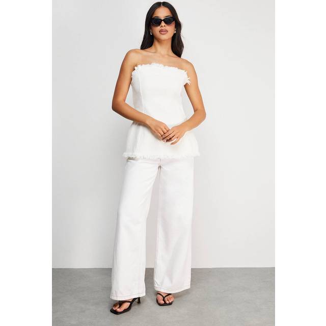Womens Fray Detail Denim Bandeau Top - ecru - Ecru - 14