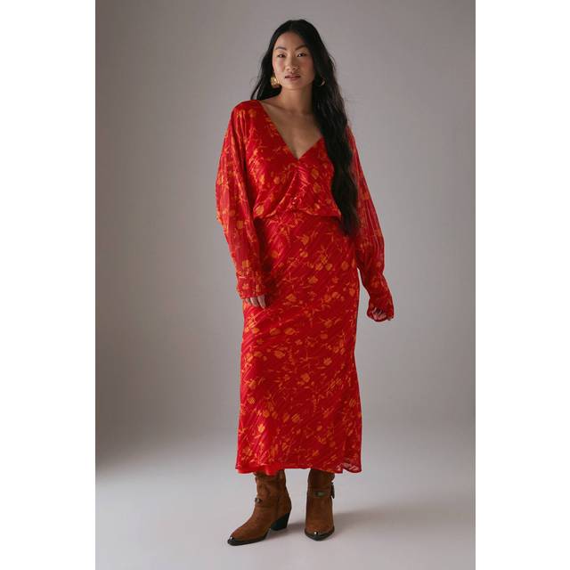 Womens Petite Shadow Stripe Batwing Plunge Neck Midi Dress - red - Red - 12