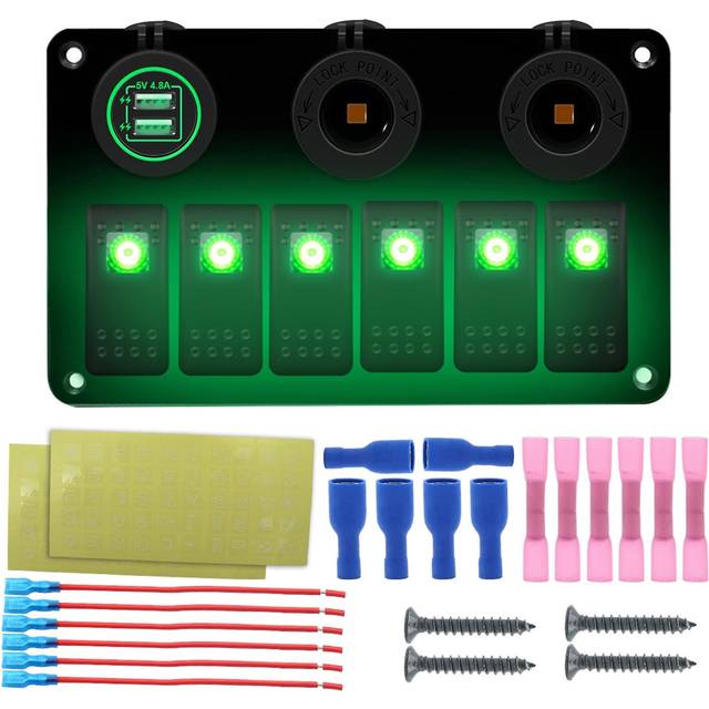 Green Universal 6 Gang On/off Toggle Rocker Switch Panel With 12v-24v Led Digital Voltmeter 4.8a Dual Usb Charger And 2 Pcs Cigarette Lighter Socket O