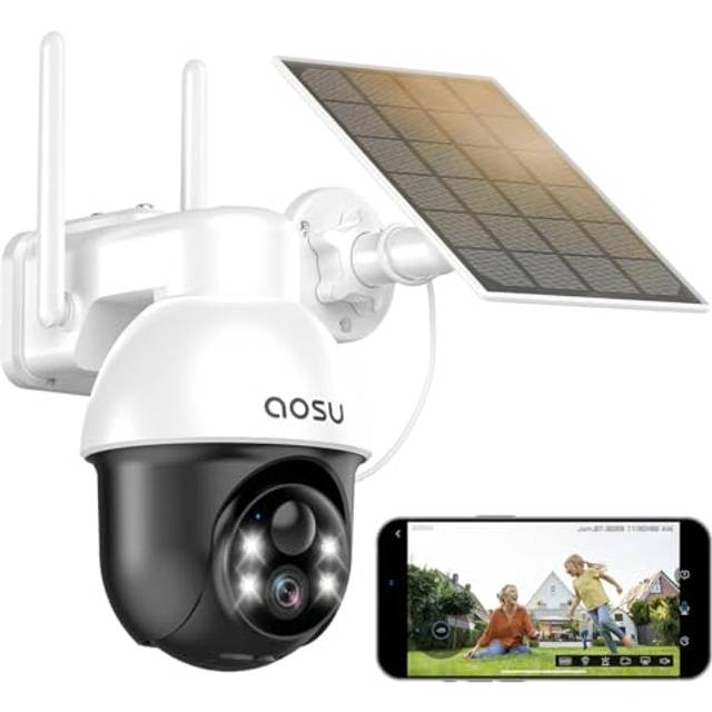 AOSU Solar Security Camera Wireless Outdoor with Panoramic PTZ, Human Auto Tracking, 2K Night Vision, Light and Sound Alarm, 2-Way Audio, Compatible