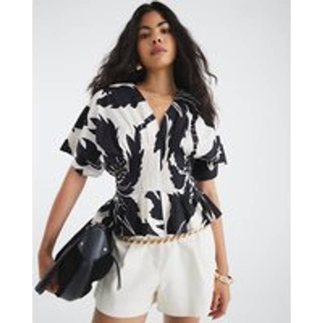 River Island Womens Black Short Sleeve Printed Shirred Top - 20