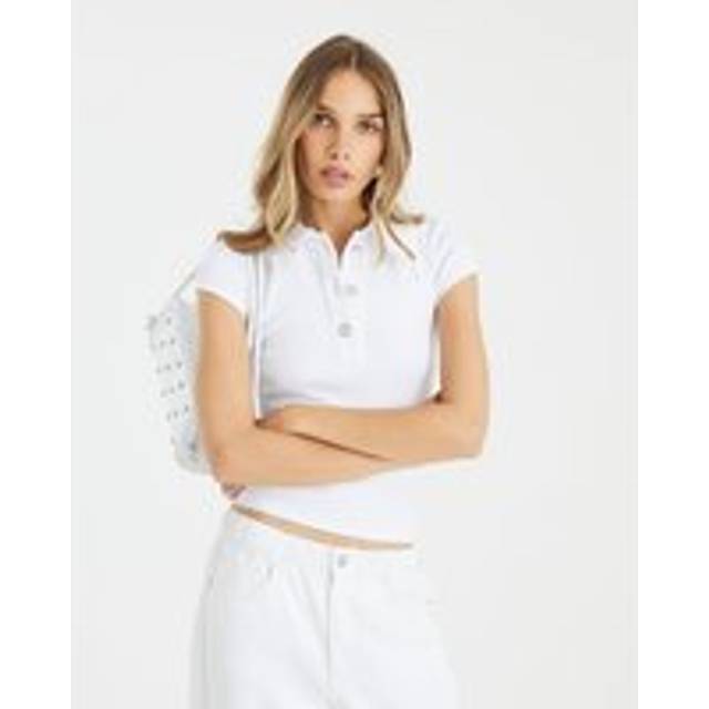 River Island Womens White Short Sleeve Diamante Button Polo Top - XL