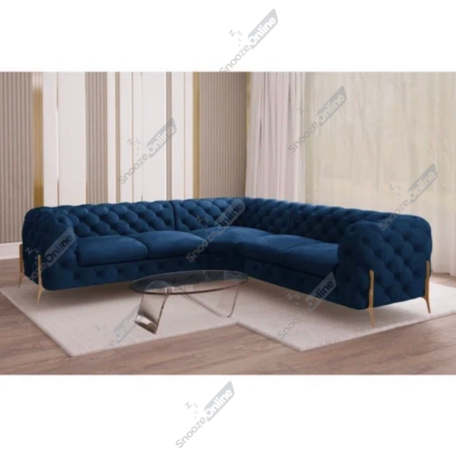 (Blue Velvet, Fabric Swatch) SnoozeOnline Velvet Corner Sofa Chesterfield 4/5/6 Seater Corner Settee Chaise Lounge Couch Sofa For Living Room