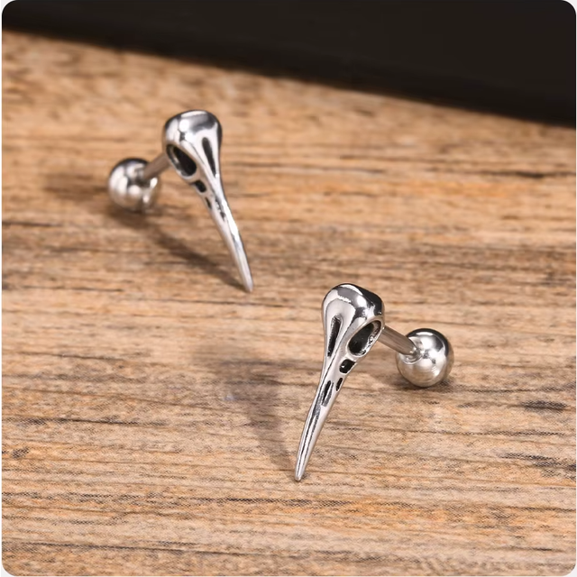 Ravens skull pagan wicca gothic stainless steel silver tone stud earrings