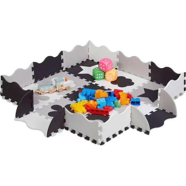 Relaxdays Pusselmatta 34 delar, EVA-skum, fri från skadliga ämnen, 0,77 m², lekmatta kant, olika motiv, grå/vit, 1 x 31,5 x 31,5 cm