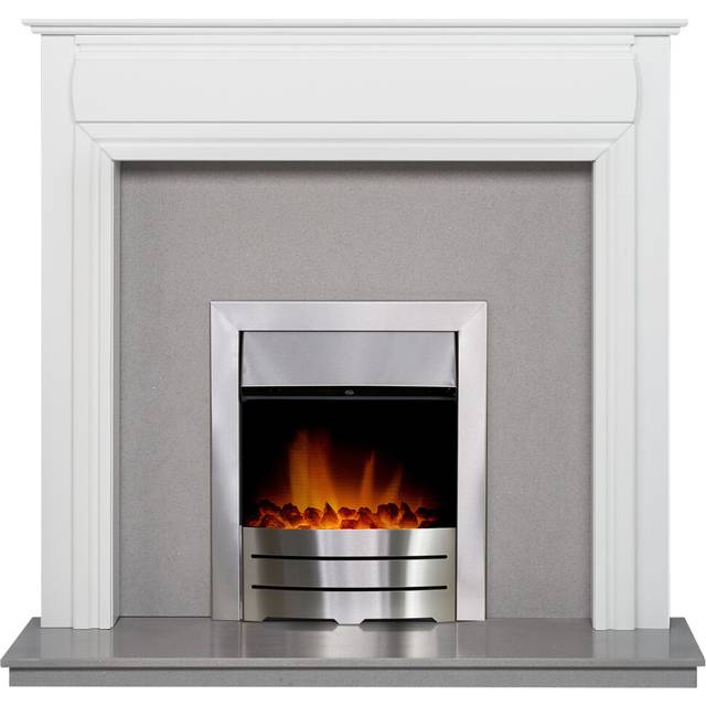 Adam Honley Fireplace in Pure White & Grey with Downlights & Colorado Electric Fire in Brushed steel, 48 Inch