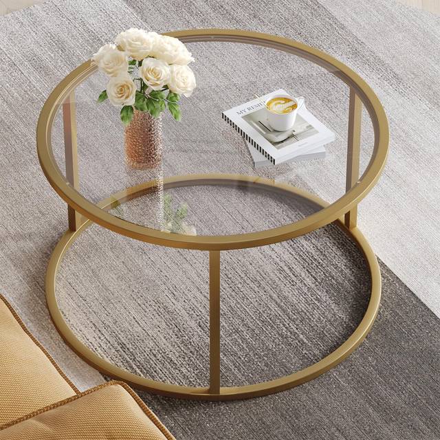 SAYGOER Small Glass Coffee Table Round Gold Coffee Table for Small Space Modern Simple Center Table with Gold Frame for Living Room Home Office, Easy