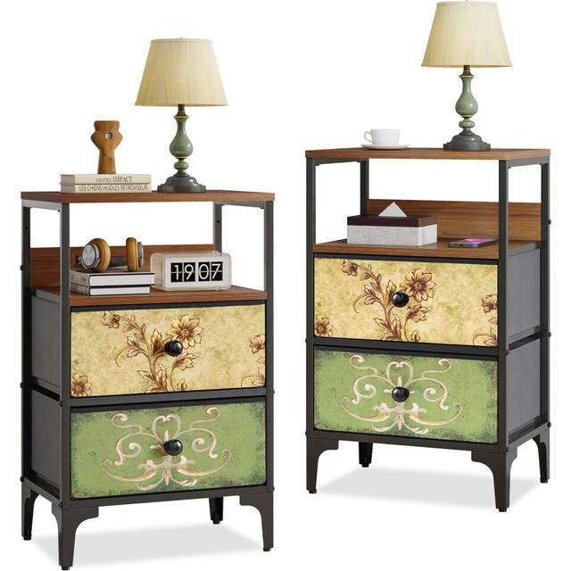 LYNCOHOME Bedside Tables set of 2,Bed Side Table for Bedroom, Nightstand with 2 Storage Fabric Drawers and Metal Frame for Bedroom,Living Room