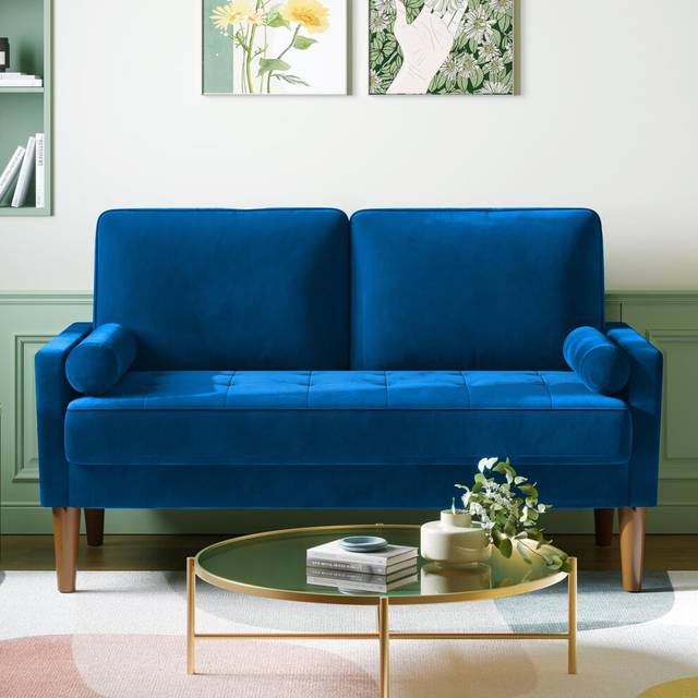 Vesgantti Small 2 Seater Sofa Blue, Comfy Sofa Couch with Spring Cushion, Velvet Sofa with Wood Legs, Modern Love Seat Sofa, Sofa 2 Seater for Living