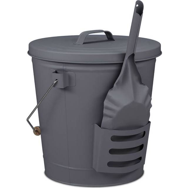Relaxdays Askhink med lock och spade, stål, trähandtag, 19 liter, kamintillbehör, askhink med handtag, grå