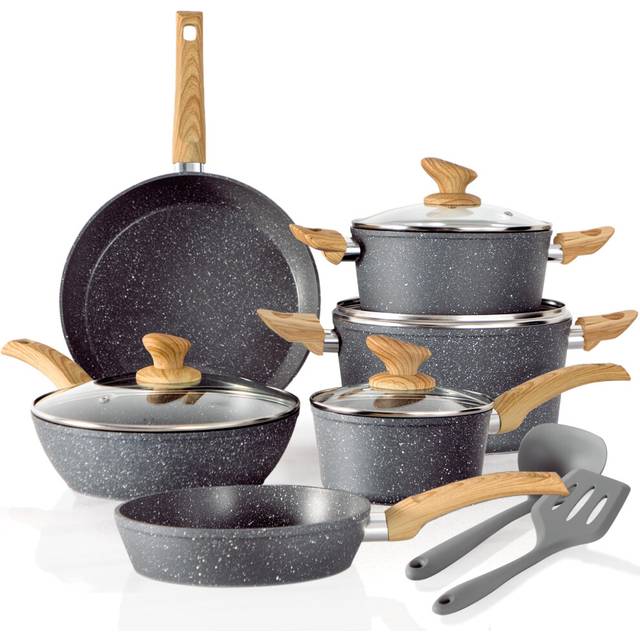 Kitchen Academy Induction Cookware Sets - 12 Piece Cooking Pan Set, Gray Granite Nonstick Pots and Pans Set, Induction Hob Pans Set