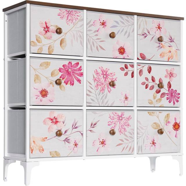 LYNCOHOME Chest of Drawers, Pink Bedroom Furniture with 9 Fabric Drawers, Storage Unit with Metal Frame and Wooden Top for Bedroom Living room,