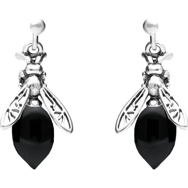 Sterling Silver Whitby Jet Small Bee Drop Earrings