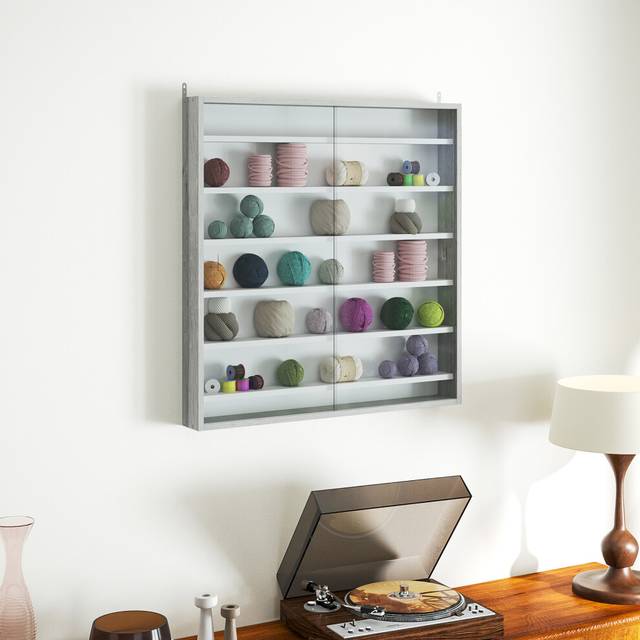 Homcom - 7-Tier Wall Display Cabinet w/ Glass Doors, Graphite Wood Effect
