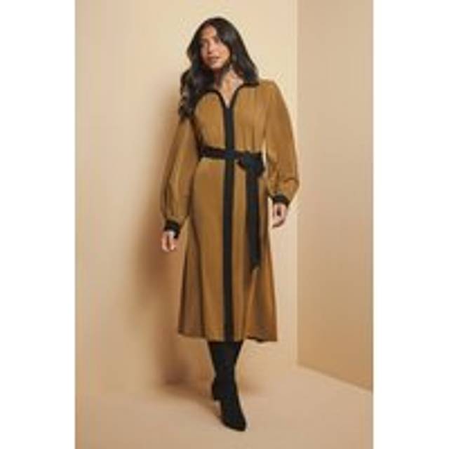 Womens Contrast Panel Midi Shirt Dress - Olive - 18