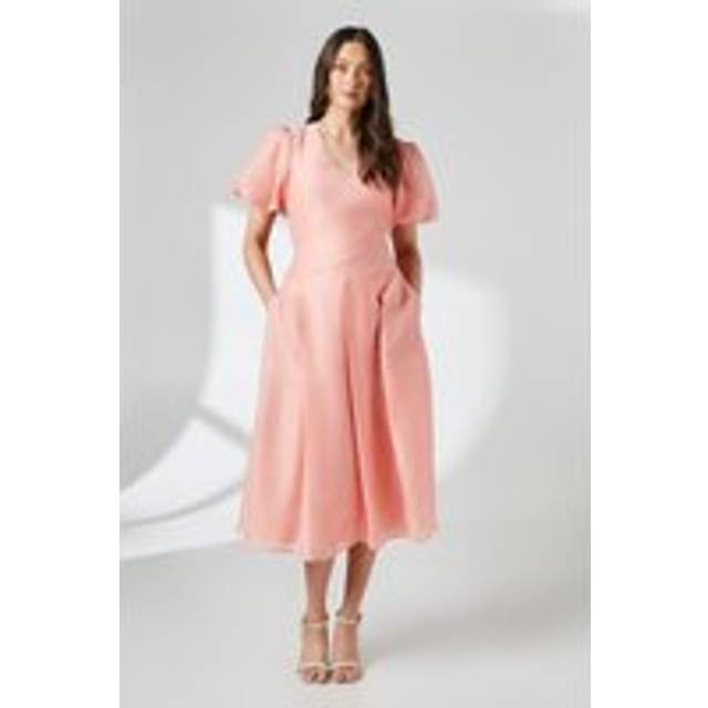 Coral Seam Detail Puff Sleeve Midi Dress - 10