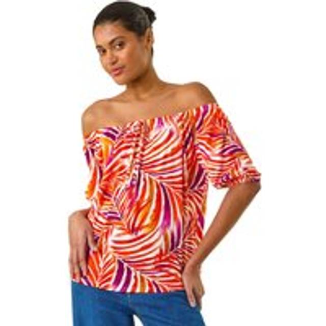 Leaf Print Bardot Stretch Top - Red - 20