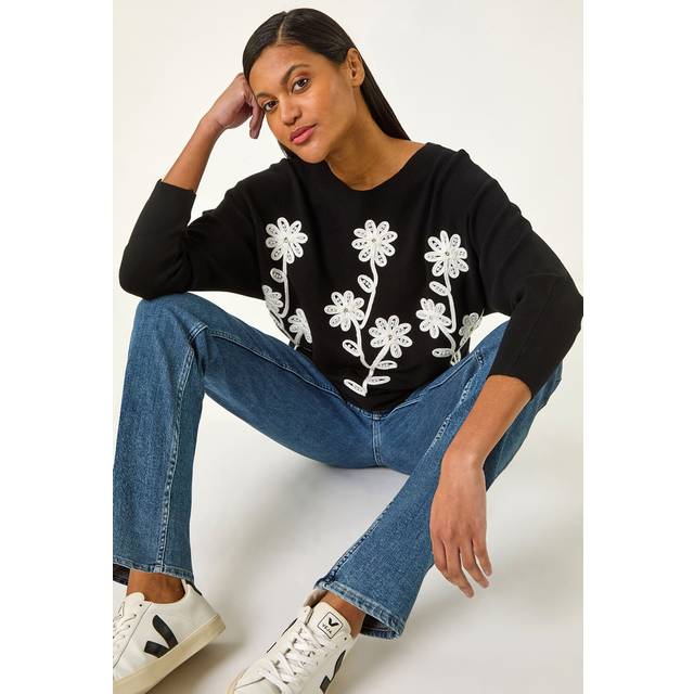 Floral Embroidery Knit Jumper - Black - one size