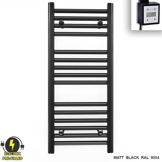 (400 x 800 (BTU: 1172), With KTX3 Thermostatic Element + Timer) 400mm Wide Black Electric Towel Rail With Thermostatic Element