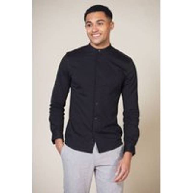 Cotton Long Sleeve Button-Up Shirt with Grandad Collar - Black