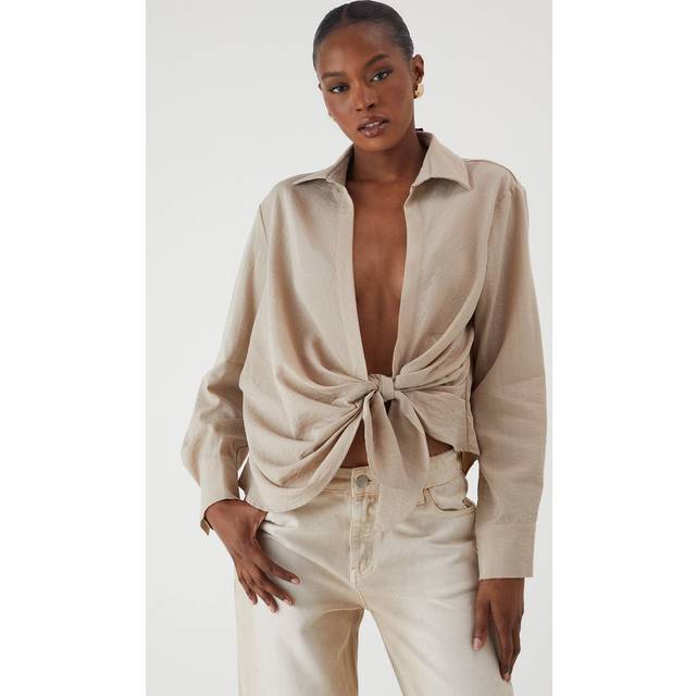 MISSPAP Women's Linen Look Tie Side Oversized Shirt in Stone | Size: 14