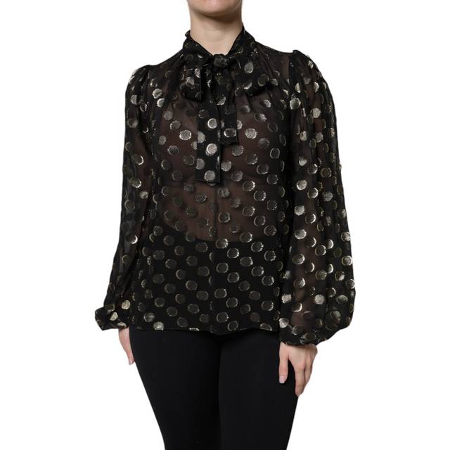 Black Sheer Tied Neck Polka Dots Blouse Top - IT36 | XS