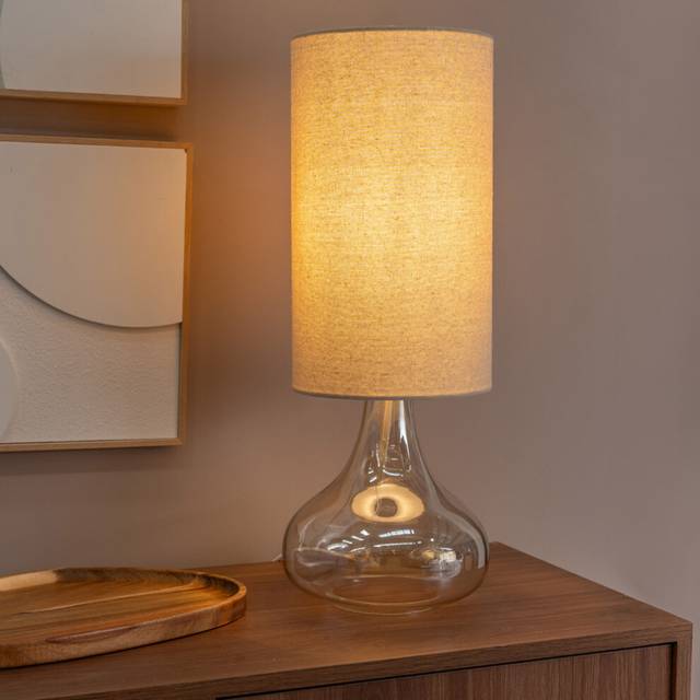 Sylvie Natural Linen Tall Lamp Shade Amber Glass Teardrop Table Lamp - Off White - One Size