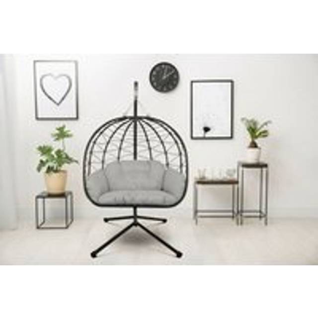 Rattan Effect Swing Chair Indoor or Outdoor Egg Chair With Stand In 2 Sizes - Black - One Size