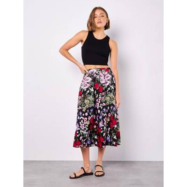 Embroidered Floral Mesh Midi Skirt - Black - 10