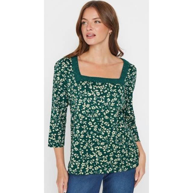 M&Co Teal Blue Floral Print Cotton Square Neck Tshirt 12 M&Co Womens